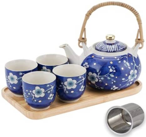 Japanese Ceramic Teapot Taimei Teatime Ceramic Teapot with Wooden Tray