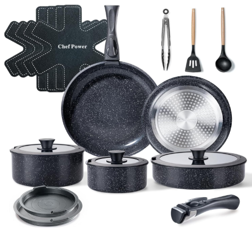 Chef Power 19-Piece Non-Toxic Ceramic Cookware Set with Detachable Handles