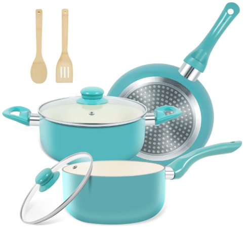 M MELENTA 7-Piece Nonstick Ceramic Cookware Set (Turquoise)